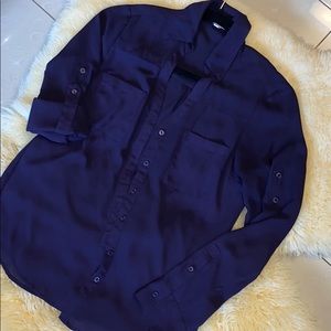 Express Bottom down purple shirt, roll up sleeve.